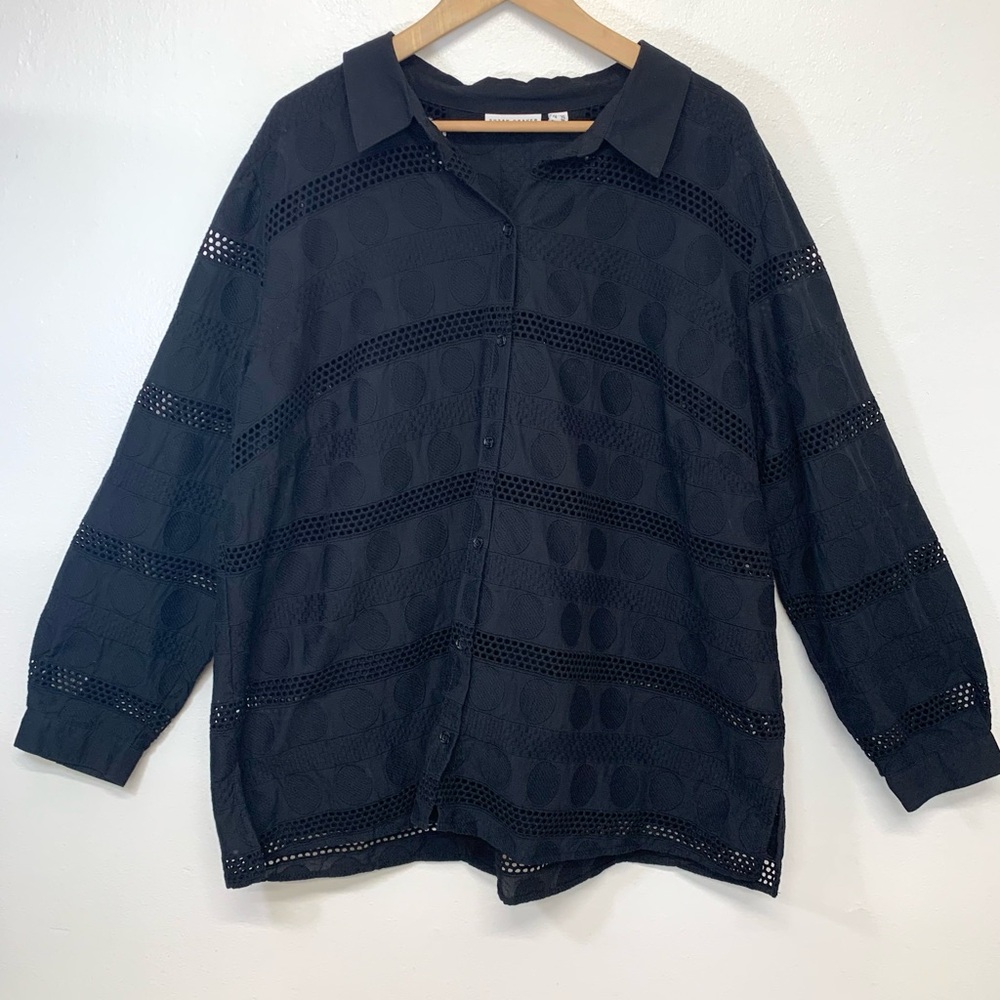 Susan Graver‎ Blouse Woman 24W  Black Button Up Cut Out Long Sleeve 100% Cotton